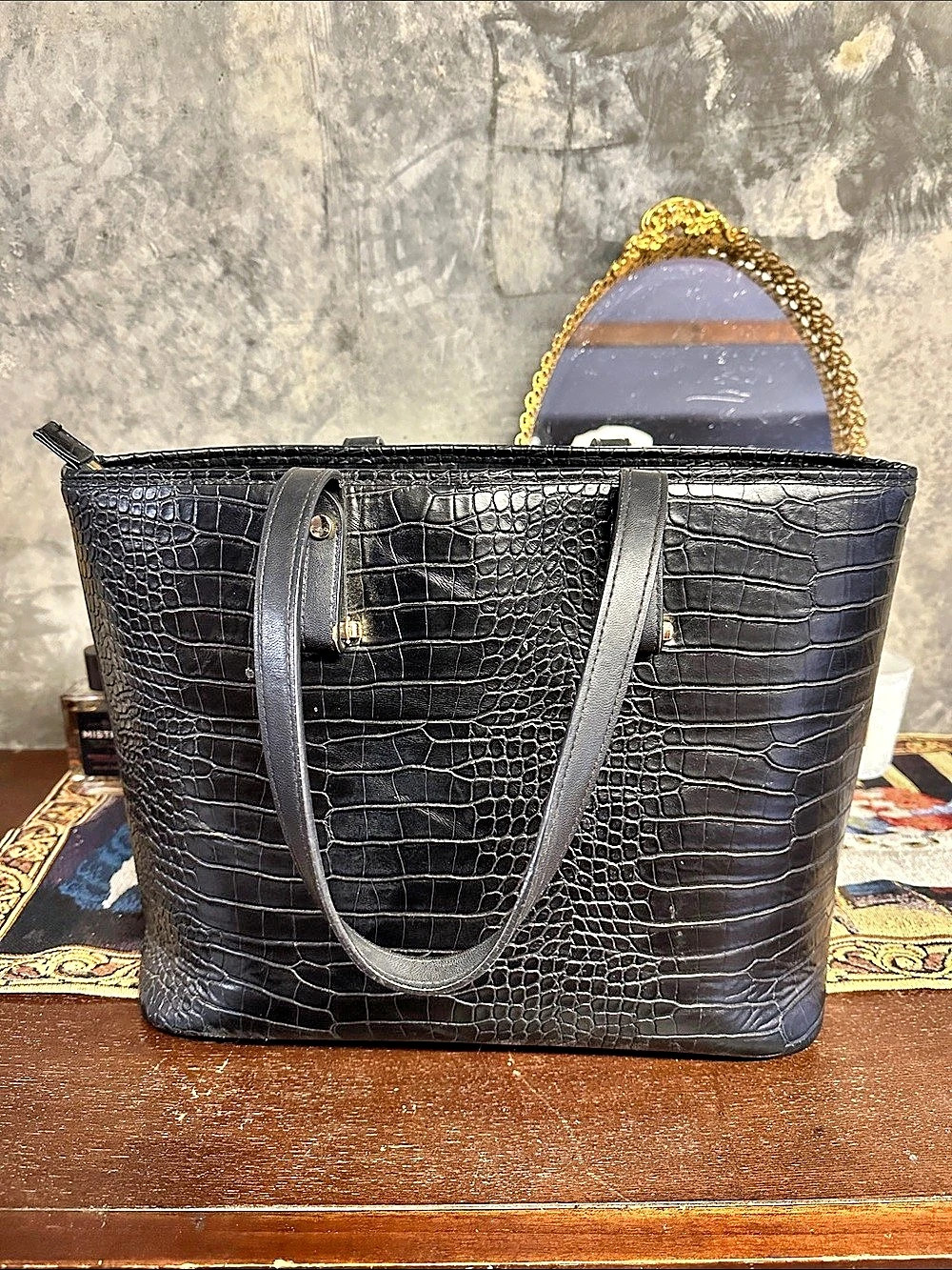 H&M Crocodile-Embossed Tote in Black
